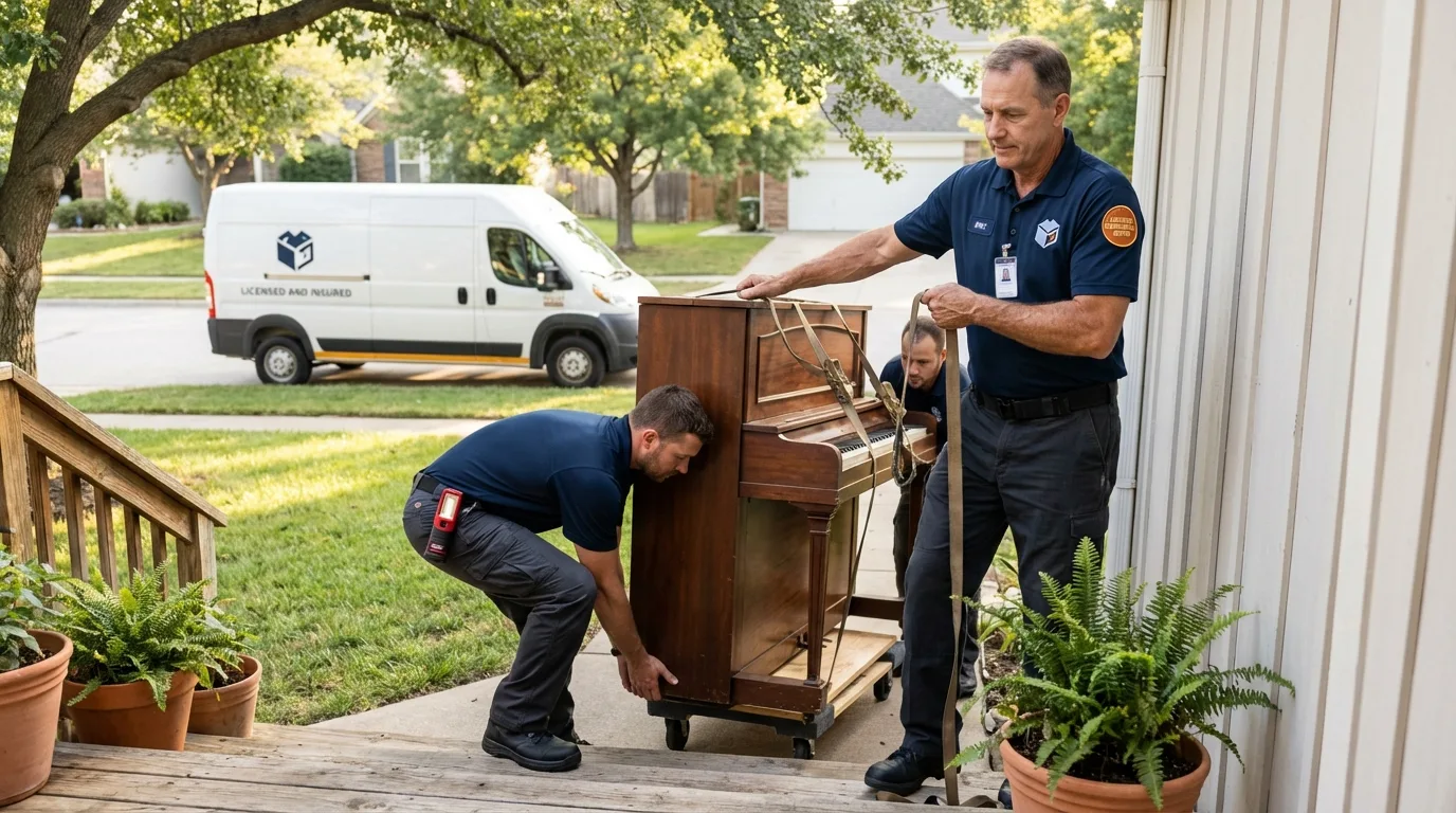 Licensed piano movers securing grand piano in Rocky Ford, CO