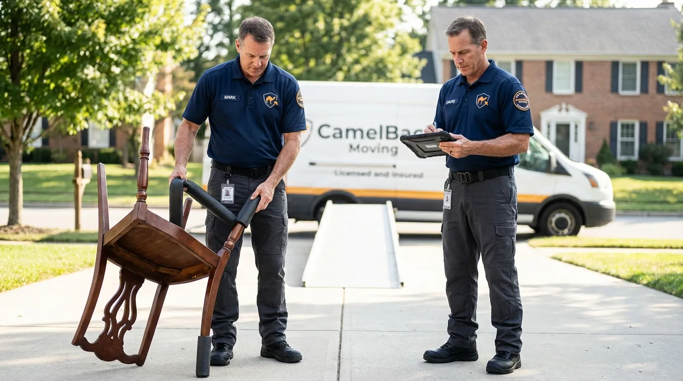 Movers inspecting furniture for damage prevention before loading in Rocky Ford, CO