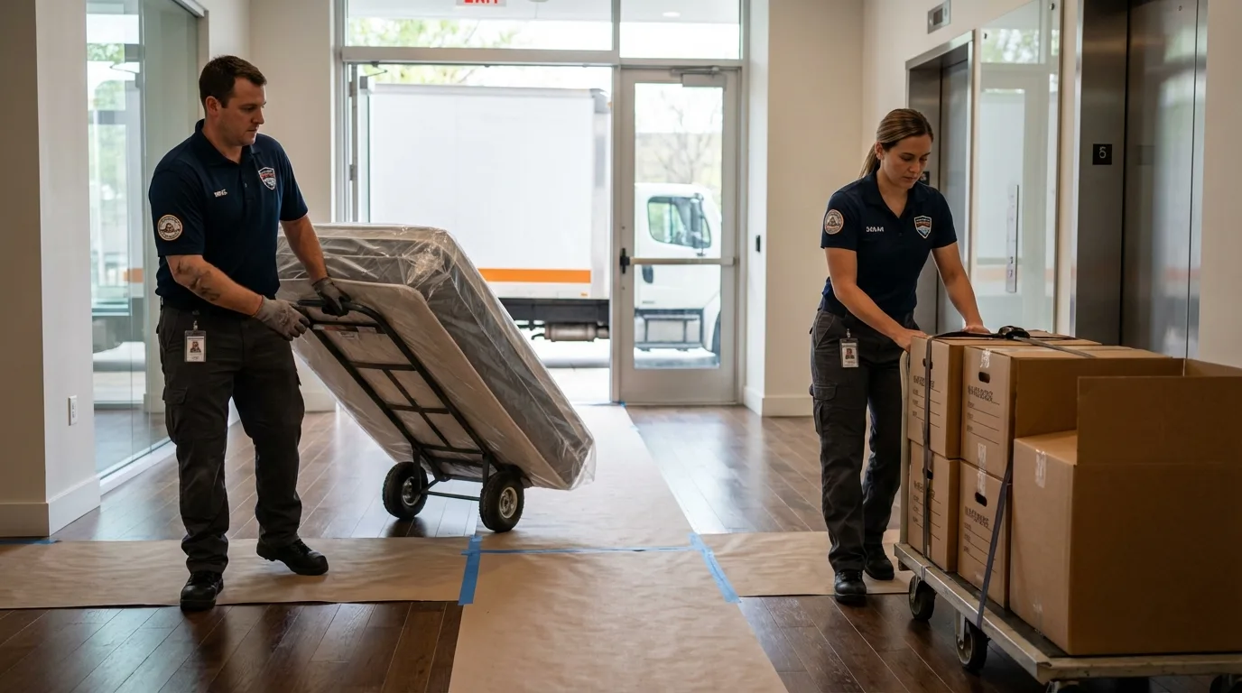 Professional apartment movers loading elevator in Rocky Ford, CO