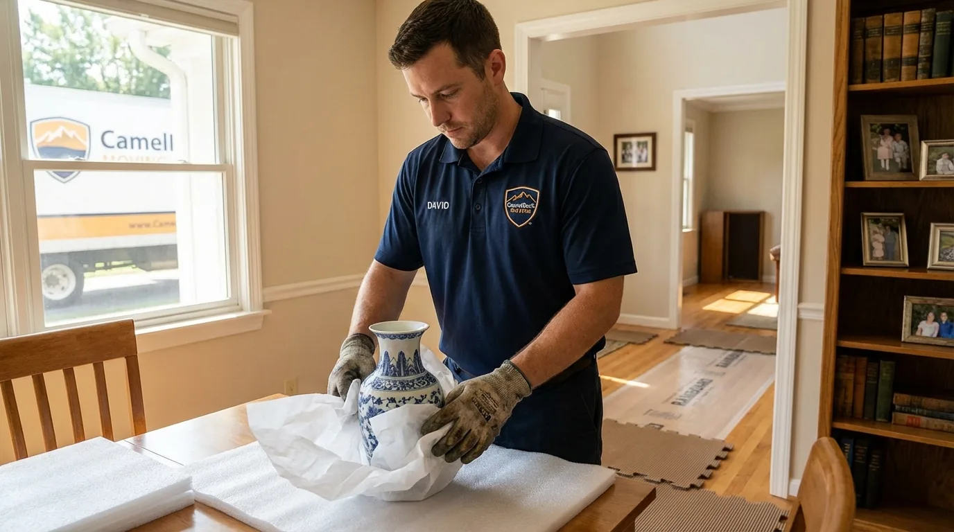 Professional crew carefully wrapping antique vase for senior downsizing move in Rocky Ford, CO